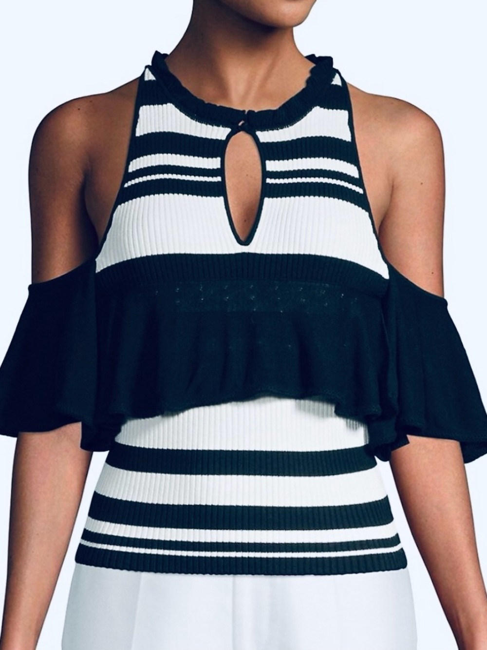 RENVY Knitted Cold-Shoulder Ruffled black and white Top size S